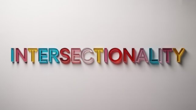 The concept of intersectionality is displayed on a wall with colorful letters.