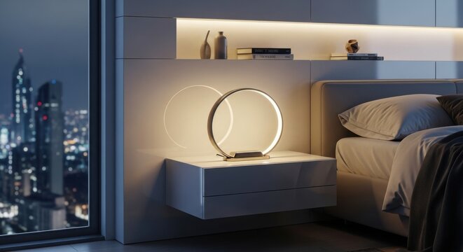 Modern Circular Bedside Lamp Illuminating a Sleek Nightstand in a Contemporary Bedroom