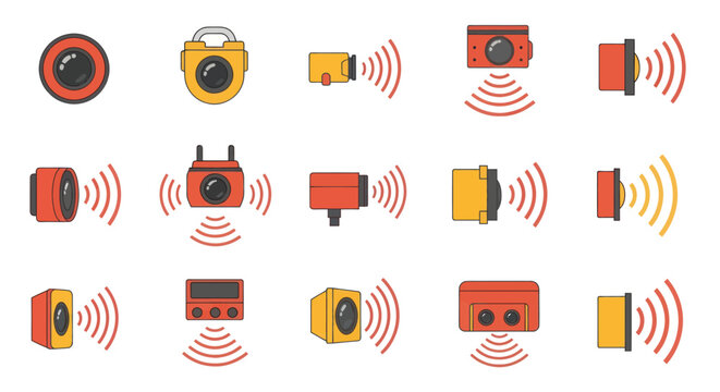 Modern Security Camera Icons Set: Surveillance, Detection, and Monitoring Technology