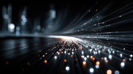 Fototapeta premium Abstract digital data flow through fiber optic cables representing high speed internet connectivity and modern network infrastructure with glowing bokeh particles