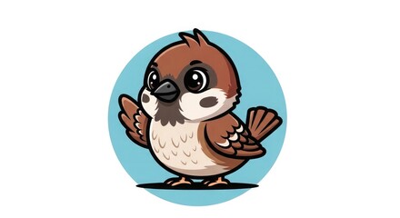 Obraz premium A cartoon sparrow standing on a blue circle with its wings outstretched in a playful gesture