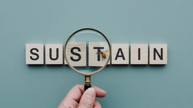 A hand holds a magnifying glass over scrabble tiles spelling sustain on a wall.