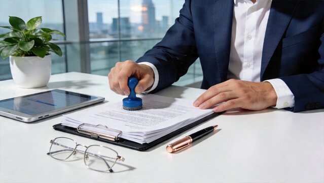 Businessman stamping document on clipboard at office desk with tablet glasses pen plant