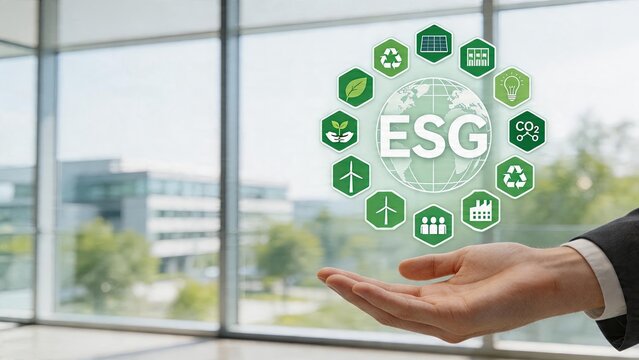 Business hand holding hologram displaying ESG acronym surrounded by environmental icons green energy symbols recycling logo wind turbine factory building CO2 reduction concept