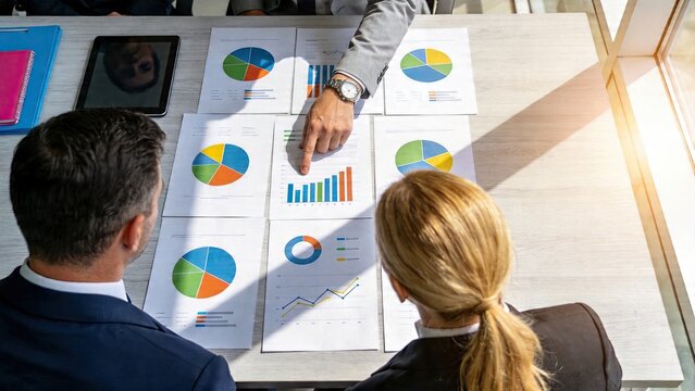 Business executives analyzing financial performance reports quarterly budget review with data charts pie graphs and bar diagrams on conference table in modern corporate office