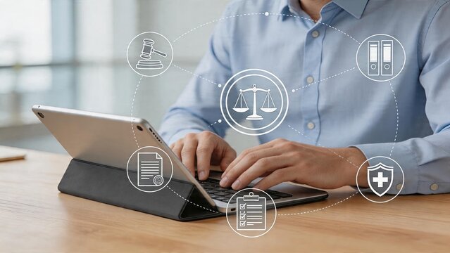 Businessman typing on tablet digital justice concept with law icons scale of justice legal documents court gavel secure shield checklist