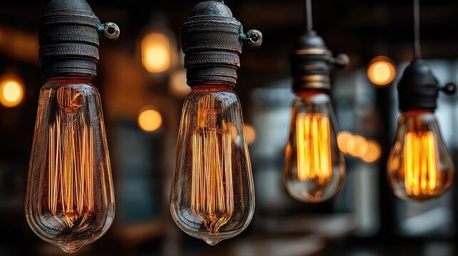 Vintage edison filament light bulbs hanging in a row creating a warm glowing atmosphere with soft bokeh background for interior design and decorative lighting projects