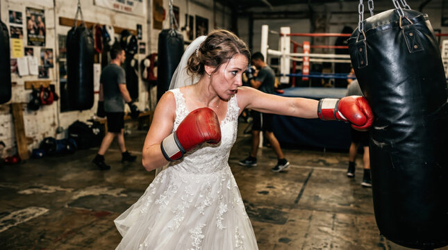 Determined Bride in Wedding Dress Training with Boxing Punching Bag