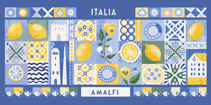 A colorful illustration depicting italian lemons patterns and the amalfi coast