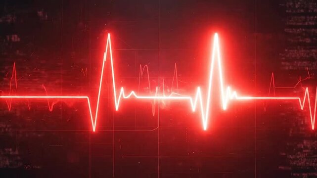 Vibrant red glowing electrocardiogram waveform on a dark digital background, symbolizing health monitoring and medical technology.