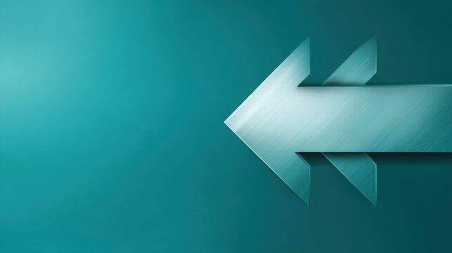 Sleek, metallic arrow pointing left against smooth teal background creates modern and dynamic visual. This design can symbolize direction