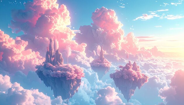 A surreal skyscape with layered feather textures, floating islands, and soft gradients of sky blue and blush pink.