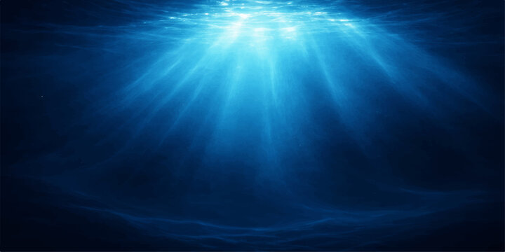 Blue sun rays glowing underwater in a dark ocean background