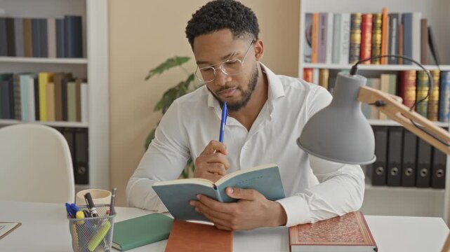Man holding book and pen, hand on chin thinking at desk inside a building study; quiet contemplation.