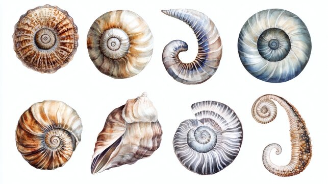 Watercolor illustrations of ammonite and nautilus shells arranged in two rows on white background, soft beige and mauve tones, scientific plate style