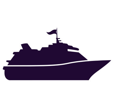 Dark purple silhouette of a yacht with a flag on top sailing on the water  luxury boat icon