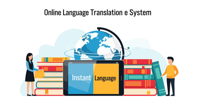 Online language translation and dictionary system concept with a tablet, books, globe, and students for global communication learning.
