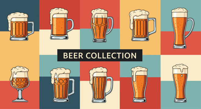 Comprehensive collection of ten different beer glasses and mugs filled with beer and white foam on a colorful background grid for menu design.