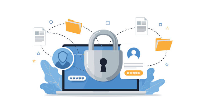 Cloud data protection and account security concept with a laptop, locked folder icons, and secure user verification around a padlock.