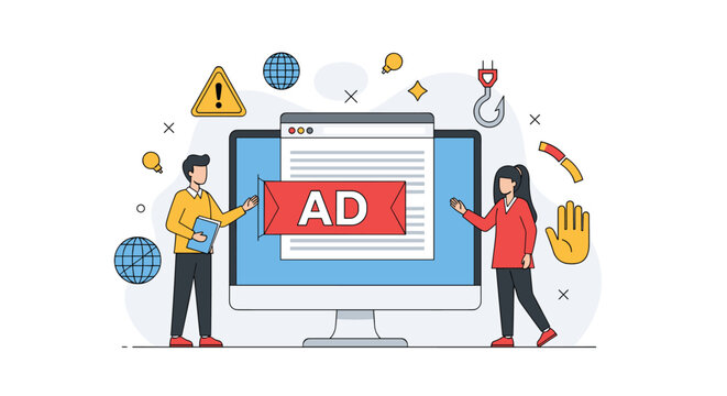 Online ad blocker and intrusive advertising warning concept showing people in front of a computer screen with an advertisement ban.