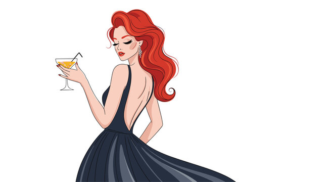 Beautiful woman with red hair in a black backless evening dress holding a cocktail.