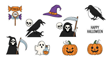 Fototapeta premium Collection of Halloween holiday elements featuring grim reaper, pumpkins, ghost, and crows.