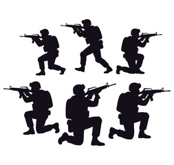 Fototapeta premium set of soldiers in various combat positions with guns military personnel in action