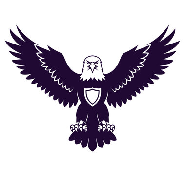 Purple eagle with spread wings and shield on chest isolated on white background