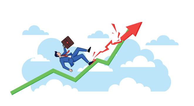 Market volatility and financial risk concept showing a businessman falling from a rising arrow that is breaking under economic pressure.
