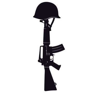 Silhouette of a rifle with a helmet on top  military symbol