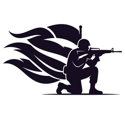 Obraz premium Soldier kneeling and aiming a rifle with a flag waving behind him in a dynamic pose