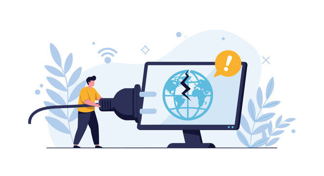 Digital divide and internet connectivity issues concept showing a person pulling the power plug on a monitor with a broken globe icon.