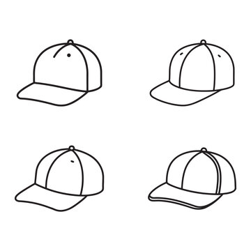 Four black and white line art baseball caps in different angles and positions  simple illustration