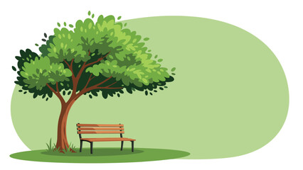 Obraz premium Simple illustration of a wooden park bench sitting under the shade of a large leafy green tree on a plain background.