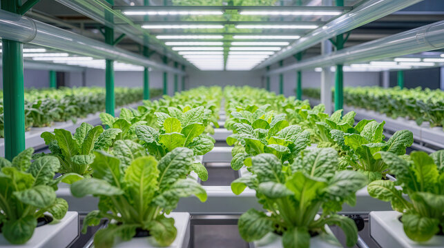 Salad vegetable farming innovation, hydroponic farm with green lettuce growing under led lights in indoor facility