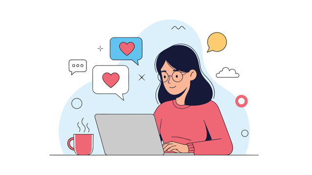 Happy young woman with glasses works on her laptop while several pink heart bubbles float above her in a soft blue area.