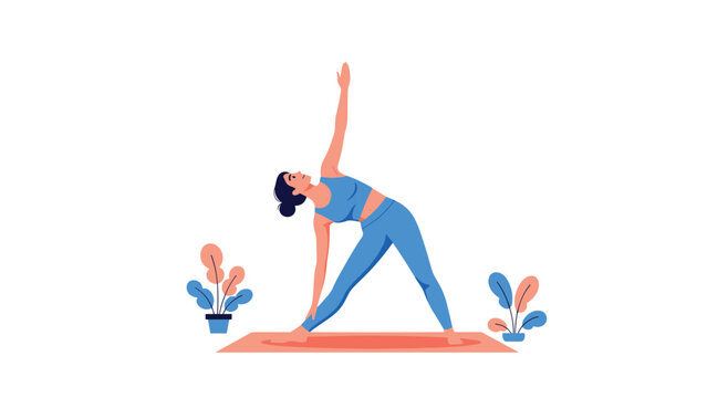 Young woman stretches her body in a yoga triangle pose while standing on a mat between several indoor plants.