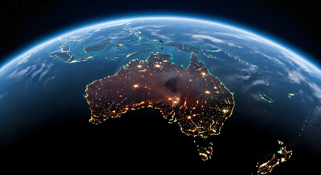 Satellite view of australia at night showing glowing city lights from space