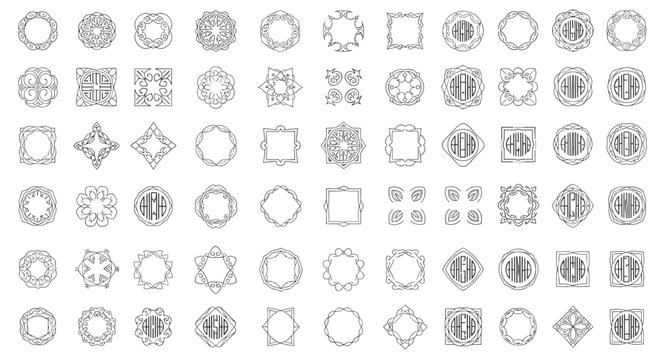 Grid of various ornamental circular and geometric frame and monogram designs.