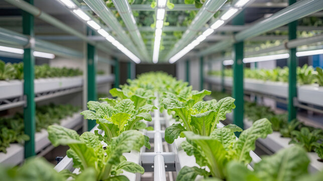 Salad vegetable farming innovation, hydroponic farm with green lettuce growing under led lights in indoor facility