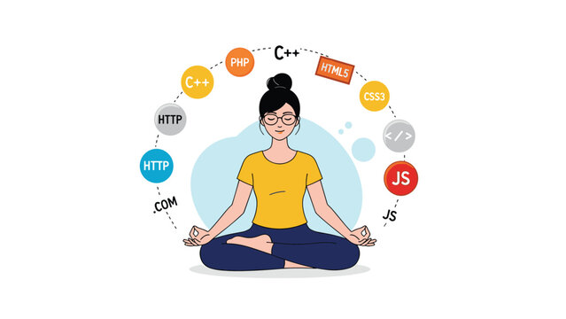 Young woman practicing yoga in a lotus position while surrounded by floating web development and programming icons.