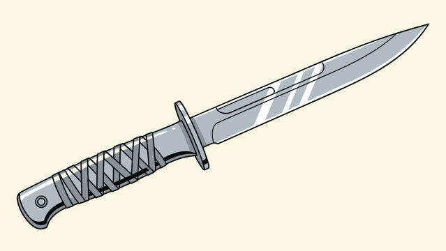 Realistic illustration of a tactical combat knife with a textured handle and a sharp silver blade on a light background.