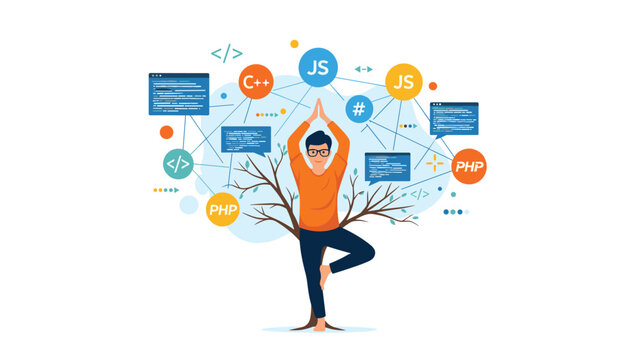 Creative illustration of a man in a tree yoga pose surrounded by a network of web programming and coding icons.