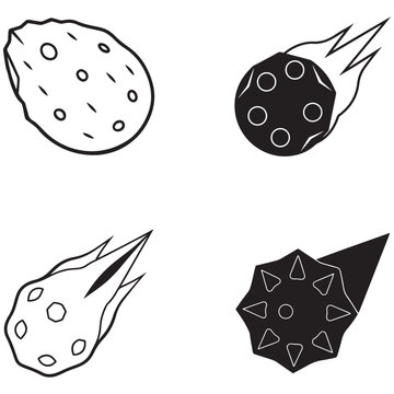 Four black and white meteorite and asteroid illustrations with various textures and flames  isolated on transparent background