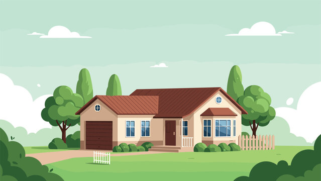 Single-story suburban family house with a brown roof and a garage surrounded by lush green trees and a lawn under a pale green sky.