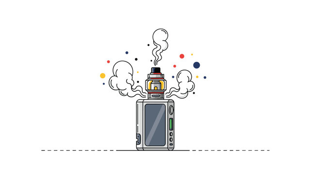 Detailed illustration of an electronic cigarette device with vapor clouds and colorful abstract dots on a white background with a dashed line.