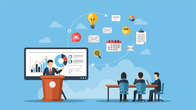 Businessman giving a presentation from a podium using a large screen displaying charts and data to a group of people in a meeting room.