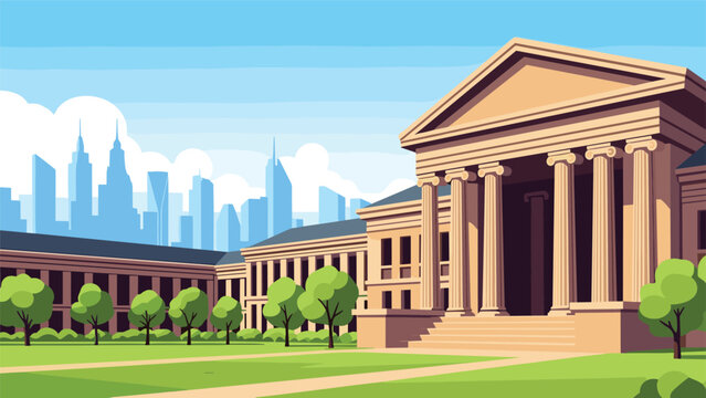 Grand classical building with stone columns standing in front of a modern city skyline under a clear blue sky with green trees and park.
