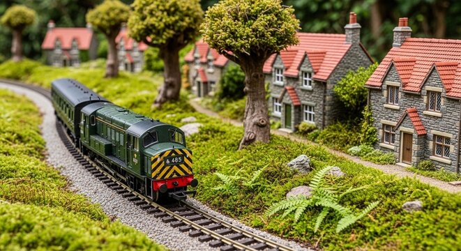 Model Train Travels Through Miniature Village Landscape