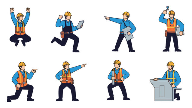 Collection of construction workers in various active poses such as jumping, running, pointing, and working with technical equipment.